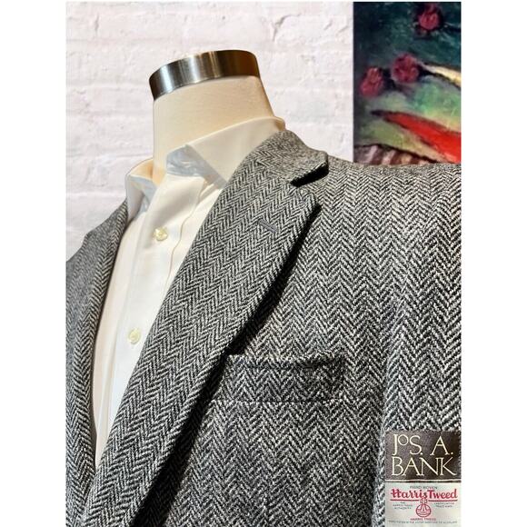 Harris Tweed Jos A Bank 40R Black Gray Herringbone Blazer Sport Coat Jacket - Picture 5 of 16